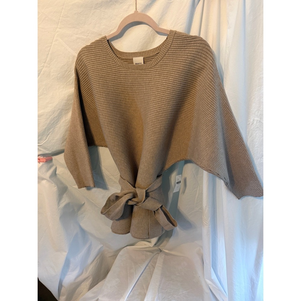 Anthropologie Maeve Ribbed Dolman Sleeve Tie Waist Sweater Tan Neutral Large NWT